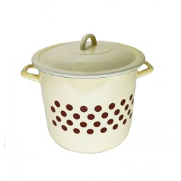Oala emailata de 10L, bej cu buline, cu capac – din otel emailat