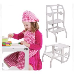 Learning tower pliabil 2 în 1 din lemn, alb – scaun înaltator si masa copii