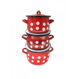 Set 3 semioale bombate din otel emailat cu buline, 2.5–4 L, rosu