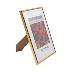 Rama foto A4 de birou, aluminiu auriu, cu plexiglas si suport din lemn