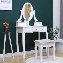Masa de toaleta alba cu oglinda reglabila si scaun, 5 sertare, MDF
