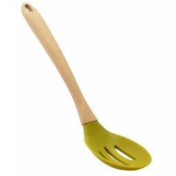 Lingura de servire cu sita din silicon, maner din lemn, rezistenta la 240°C