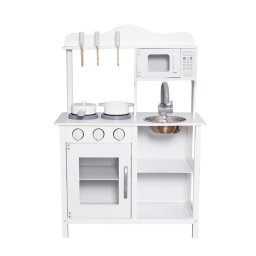 Bucatarie din lemn si MDF pentru copii, cu microunde, chiuveta si accesorii, alba 60x30x85 cm