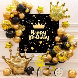 Kit arcada baloane Happy Birthday cu fundal, latex si folie, negru-auriu