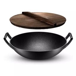 Wok traditional din fonta cu capac din lemn, 36,5 cm, Perfect Home