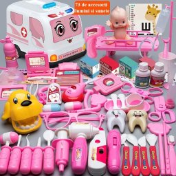 Trusa medicala pentru copii cu 73 piese, ambulanta cu lumini si sunete, bebelus, roz