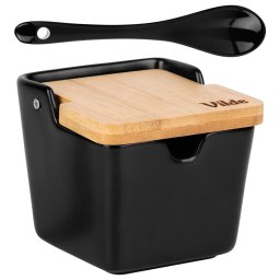 Zaharnita din ceramica neagra 250 ml, cu capac din bambus si lingurita inclusa