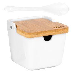 Zaharnita din ceramica alba 250 ml cu capac din bambus si lingurita inclusa