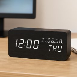 Ceas LED digital de birou cu temperatura/umiditate, 3 alarme, MDF negru
