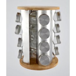 Suport rotativ pentru condimente cu 16 borcane, bambus si inox