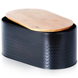 Cutie pentru paine din metal negru mat cu capac din lemn tip tocator, 34 cm
