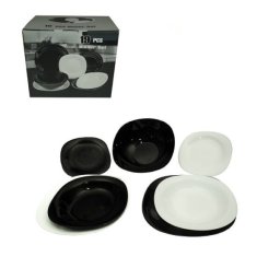 Set de vesela patrat OPAL NOU, 19 piese din sticla, alb-negru, modern