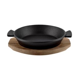 Tava rotunda din fonta 19 cm cu manere si suport din lemn pentru servire