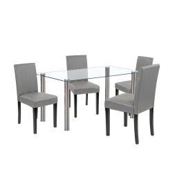 Set masa dining Leziter Cadiz 4+1, masa sticla 140 cm, alb-gri