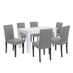 Set masa dining Leziter Leon 6+1 alb-gri cu 6 scaune eco piele