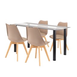 Set dining Leziter Zelma 4+1, masa sticla 140 cm si 4 scaune bej, negru-bej