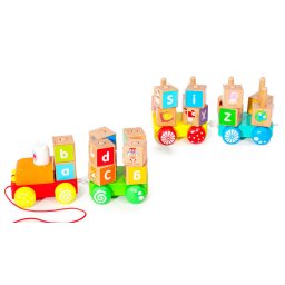 Tren educativ din lemn Homelux Favonat cu cuburi alfabet, 26 piese, 3 vagoane