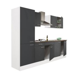 Mobila de bucatarie Leziter Yorki 270 cm, alb cu front antracit satinat, dulap cu raft