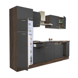 Mobila de bucatarie Leziter Yorki 280 cm, stejar Yorki si antracit satinat, cu spatiu frigider