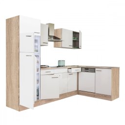 Mobila bucatarie colt Leziter Yorki 280 cm, stejar Sonoma/alb satinat, cu spatiu pentru frigider