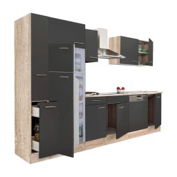 Mobila bucatarie modulara Leziter Yorki 310 cm, stejar sonoma/antracit, dulap frigorific