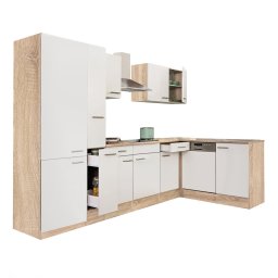 Mobila de bucatarie de colt Leziter Yorki 310 cm, stejar Sonoma/alb satinat, cu dulap cu rafturi