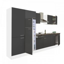 Mobila de bucatarie Leziter Yorki 330 cm, alb cu fronturi antracit satinat, cu dulap rafturi
