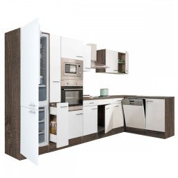 Mobila bucatarie de colt Leziter Yorki 370 cm, stejar Yorki/alb satinat, cu frigider sub blat