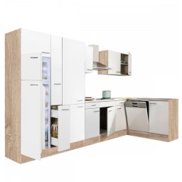 Mobila de bucatarie pe colt Yorki 370 cm, stejar sonoma si alb satinat, cu dulap rafturi