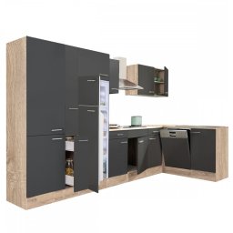 Mobila bucatarie de colt Leziter Yorki 370 cm, stejar sonoma/antracit, dulap+spatiu frigider