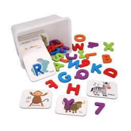 Set Leziter litere si numere din lemn cu flashcards pentru engleza, 36 piese