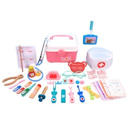 Set dentist din lemn Leziter cu 38 accesorii, roz, pentru joaca de rol