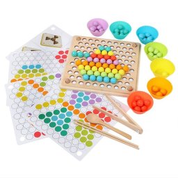 Puzzle Montessori mozaic cu bile colorate din lemn Leziter, 2in1, 3+ ani