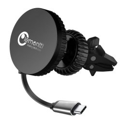 Lemontti Suport Auto Magnetic cu Incarcare wireless si cablu retractabil Type-C 1m, prindere ventilatie, Negru