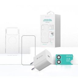 Incarcator de retea Kit complet 4 in 1 pentru iPhone 17 incarcator GaN 30W husa MagSafe folie sticla Military-Grade + protectie camera Alb