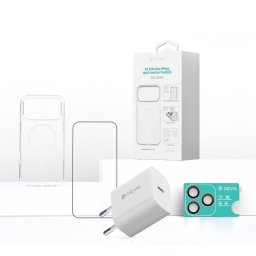 Incarcator de retea Încărcător Devia Kit complet 4 in 1 pentru iPhone 17 Pro Max, incarcator GaN 30W, husa MagSafe, folie sticla Military-Grade + protectie camera