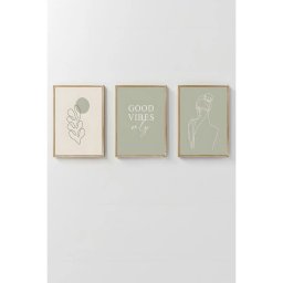Set tablou decorativ Re-Bloom, 3 piese, lemn masiv/MDF, alb/verde, 33 x 48 cm