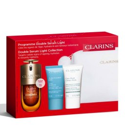 Set Clarins Double Serum Light Collection, Femei – Serum Antirid 50 ml + Hydra-Essentiel 15 ml + Cryo-Flash Cream Mask 15 ml + Pouch