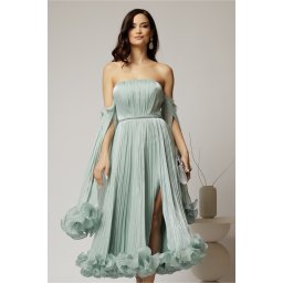 Rochie de seara verde mint cu volanase din voal cu pelicula si maneci detasabile