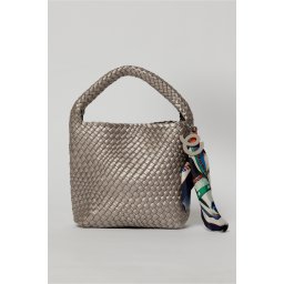 Geanta bronz sidefat din piele ecologica impletita accesorizata cu esarfa