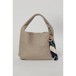 Geanta taupe din piele ecologica impletita accesorizata cu esarfa