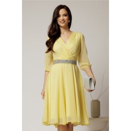 Rochie Dy Fashion galbena din voal cu fir stralucitor si cordon