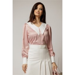 Bluza DY Fashion roz cu buline cu gulerul ascutit din satin