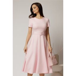 Rochie midi roz cu maneca scurta si curea in talie cu adaos de viscoza