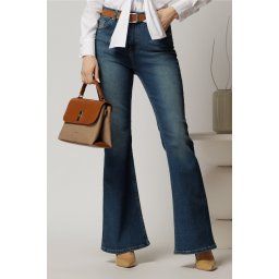 Blugi dama bleumarin evazati din denim cu talie inalta