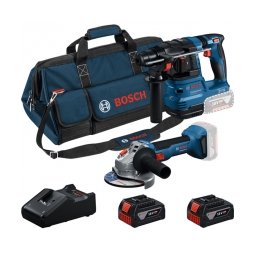 Pachet Bosch - GBH 18V-22 + GWS 18V-8 - Rotopercutor SDS-Plus, 1.9 J + Polizor unghiular, 125 mm + Set 2 acumulatori si incarcator, Li-Ion, 18 V, 4 Ah + Geanta textila