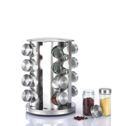 Suport rotativ pentru condimente din inox, cu 16 recipiente din sticla