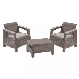 Set mobilier gradina Curver Corfu Weekend cappuccino cu perne nisip, 2 fotolii si masuta