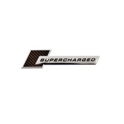 Emblema auto „Supercharged” negru relief 10x1 cm, autoadeziva, plastic cromat