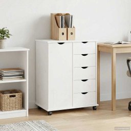 Cabinet mobil cu roata Alb 63,5 x 39 x 79 cm Lemn de pin masiv GartenMobel Dekor